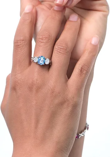 Vista 5 de Anillo ovalado de plata de ley 925 de 3 piedras de cuarzo místico azul milenio y piedra gema, tamaño King moissanita (2.80 quilates), Metal Gema