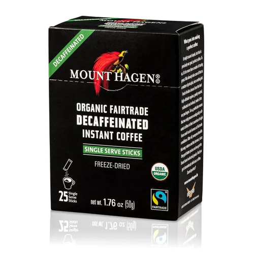 Vista 2 de Mount Hagen 25 paquetes de café descafeinado instantáneo de una sola porción – 1 paquete Granos arábica orgánicos descafeinados de tostado medio