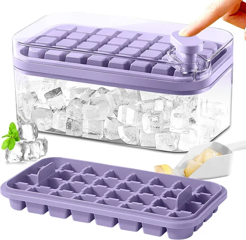 Vista 7 de Bandeja para cubitos de hielo con tapa y contenedor, paquete de 2 para congelador, molde para 64 cubitos de hielo (verde)