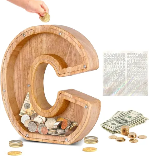Vista 30 de Alcancía de Madera Personalizada con Letras del Alfabeto, Banco de Monedas con Letras del Alfabeto para Niños, Niñas y Bebés, Tamaño Grande, 26