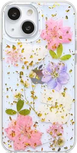 Vista 12 de Abbery Funda diseñada para iPhone 13 Pro con diseño de flores prensadas con purpurina y diseño de goma de silicona suave, diseño de flores reales