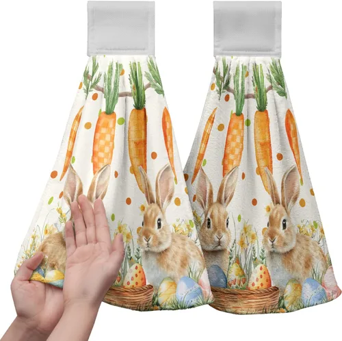 Vista 27 de Juego de 2 toallas de cocina colgantes de hojas tropicales de verano, color verde, hojas de palmera, con bucles para colgar, suaves y absorbentes