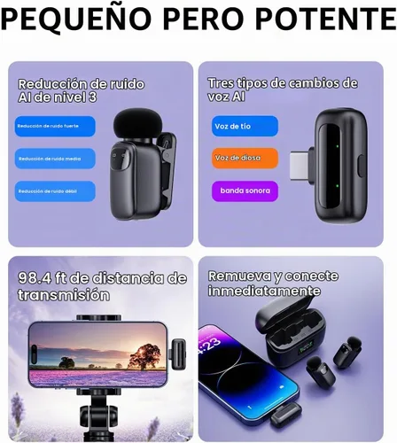 Vista 3 de T1 mini micrófono inalámbrico Lavalier para iPhone/Android/iPad, reducción de ruido de 3 niveles, duración de la batería de 30 horas, cambiador
