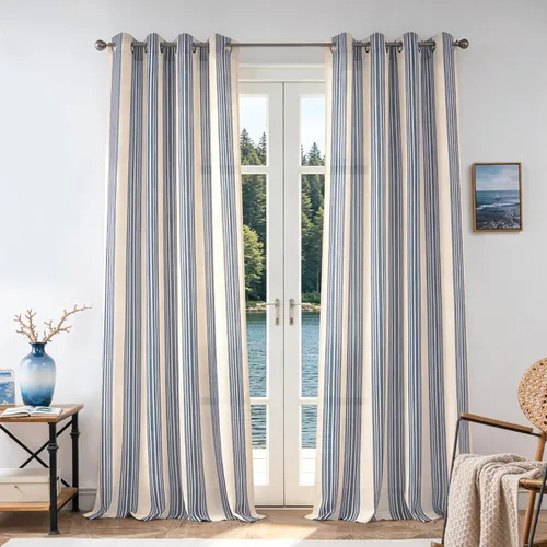 Vista 100 de DriftAway Cortinas de estilo granja con rayas verticales de lino mezclado texturizado con filtro de luz semitransparente para sala de estar