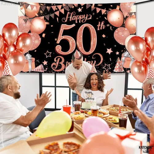 Vista 5 de KatchOn, Cartel de cumpleaños número 50 de oro rosa – Xtragrande de 72 x 44 pulgadas Decoraciones de cumpleaños 50 para mujer Cartel Hbd