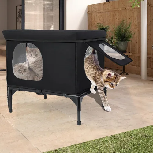 Vista 8 de Casa para gatos al aire libre, resistente a la intemperie, aislada, para gatos con cojín acogedor, refugio elevado para gatos al aire libre