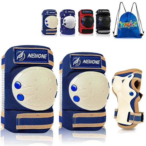 Vista 11 de NEMONE Rodilleras para niños, coderas, coderas, muñequeras con bolsa de cordón, juego de equipo de protección reflectante ajustable para patinetes