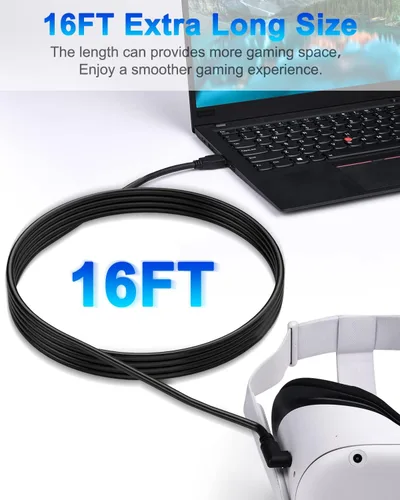 Vista 2 de TechKen Compatible con Oculus Quest 2 Link Cable de 16 pies, cable Link VR Quest 2Meta Quest 21 y PCSteam VR transferencia de datos de PC de alta