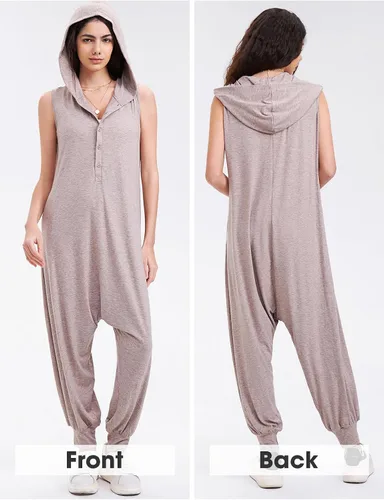 Vista 3 de Byinns Overol suelto sin mangas para mujer, pijama con capucha, mameluco para descansar, pantalón largo de harén