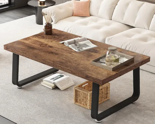 Vista 10 de HSH Mesa de café negra moderna, mesa de centro de madera rústica y metal, mesas de café sencillas de estilo granja para sala de estar, mesa de té