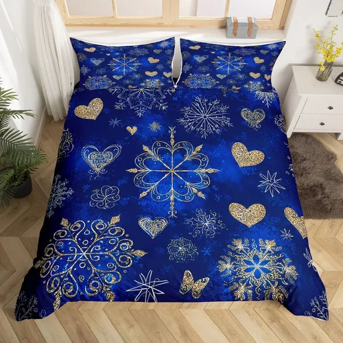 Vista 17 de Juego de ropa de cama de Feliz Navidad, funda de edredón azul con árbol de Navidad para niñas y niños, elegante funda de edredón de copo de nieve