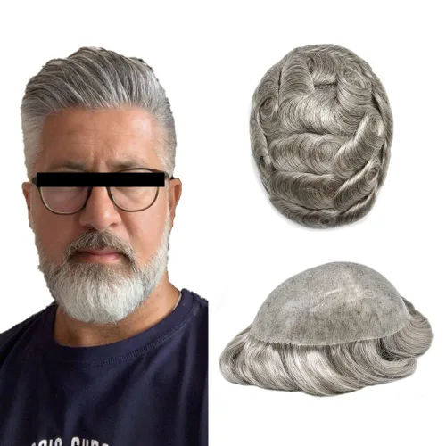 Vista 29 de Toupee para los hombres pelo humano real poli piel hombres piezas de pelo sistema de reemplazo de pelo para hombres tupé postizo para hombres PU