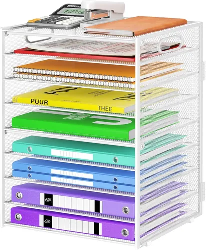 Vista 10 de Cawukege Organizador de papel de 9 niveles con asa, organizador de escritorio de gran capacidad, carpeta de archivos de malla, bandeja de papel