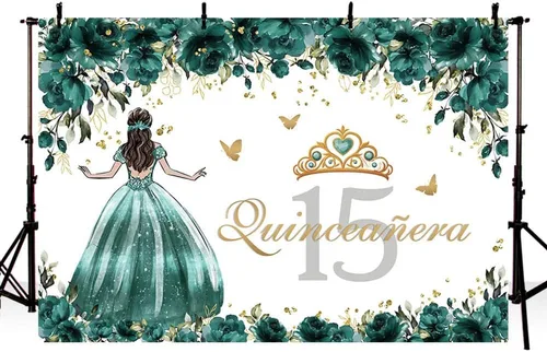 Vista 3 de MEHOFOND Telón de fondo de quinceañera Sweet 15 Girl Miss Quince Banner de rosas verdes y doradas, corona de niña en vestido de princesa, fiesta