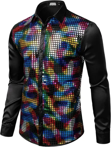 Vista 2 de Jogal - Camisa de vestir para hombre con lentejuelas plateadas, manga larga, botones, de los años 70, disfraz de fiesta o discoteca