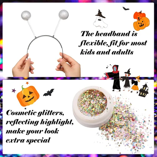 Vista 4 de Disfraz de alienígena de Halloween de 3 piezas, incluye falda de alienígena metálica plateada, falda plisada acampanada, purpurina cosmética