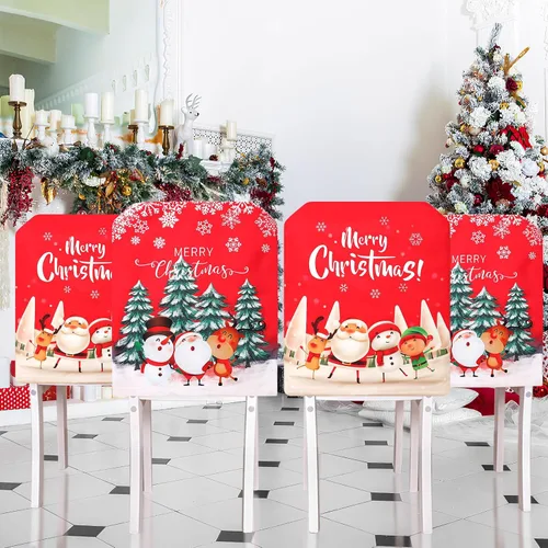 Vista 2 de TOCHGREEN Fundas para sillas de Navidad, paquete de 4 fundas protectoras de silla de Navidad, fundas de asiento de silla de comedor de Navidad