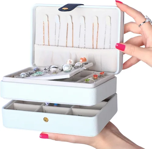 Vista 8 de coobest Joyero, organizador de joyas de 2 capas con organizador de aretes de terciopelo, organizador de joyas de viaje, pequeñas cajas de joyería