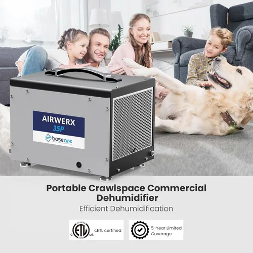 Vista 2 de Deshumidificador BaseAire Crawlspace con bomba, deshumidificadores inteligentes para comerciales, sótanos, 70 pintas, compacto, descongelación