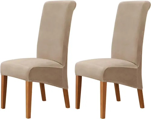 Vista 22 de Juego de 2 fundas de terciopelo para sillas de comedor, color beige, fundas elásticas para sillas de comedor y cocina, reutilizables, protector