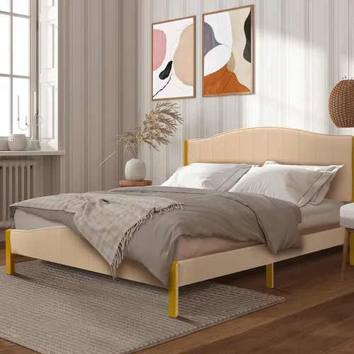 Vista 4 de GIANTEX Base de cama tapizada tamaño Queen, base de cama moderna con cabecera acolchada, base de colchón con soporte de listones de madera maciza