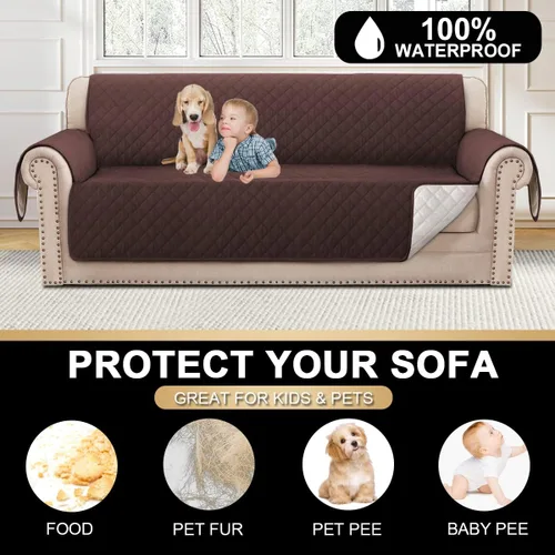 Vista 4 de Funda 100 % impermeable para sofá de 3 cojines, protector de muebles para mascotas, niños y perros (sofá XL, marrón)