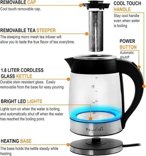 Vista 3 de [Usado] MegaChef 1.8Lt. Cuerpo de vidrio y hervidor de té eléctrico de acero inoxidable con infusor de té