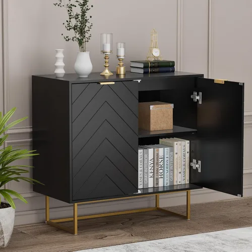 Vista 5 de Aparador moderno de 31 pulgadas con almacenamiento para sala de estar, negro y dorado