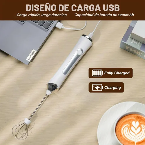Vista 5 de Espumador de leche manual eléctrico con 2 cabezas, batidor de café con espuma USB recargable de 3 velocidades, licuadora de espuma para café
