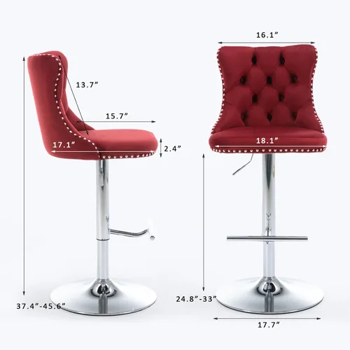 Vista 60 de SoarFlash Juego de 2 taburetes de bar tapizados de terciopelo moderno con patas de madera, botones acolchados, cabeza de clavo cromada, asiento