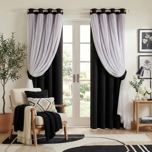 Vista 17 de PONY DANCE Cortinas Opacas con Superposición de Gasa, Cortinas de Doble Capa con Aislamiento Térmico Mix & Match para Oscurecer Habitaciones
