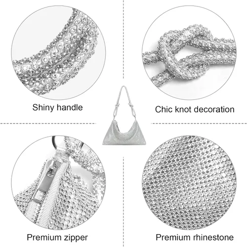 Vista 5 de BRZSACR Bolso de diamantes de imitación, bolso plateado para mujer, bolso de noche con diamantes de imitación de graduación 2022, 1 pieza