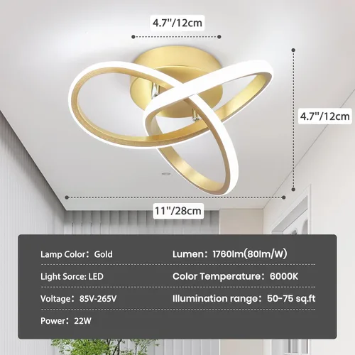Vista 5 de Lámpara LED para pasillo, moderna lámpara de techo LED dorada de 6000 K, lámpara de techo semiempotrada para pasillo, cocina, dormitorio, entrada