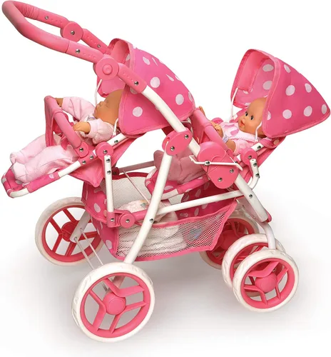 Vista 8 de Badger Basket Cochecito de muñeca doble reversible con lunares para muñecas de 16 pulgadas - rosa/lunares con asientos extraíbles