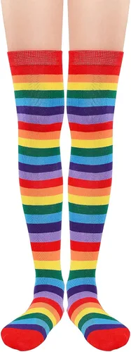 Vista 2 de Century Star Calcetines altos hasta el muslo, medias atléticas a rayas para mujer, calcetines largos de tubo por encima de la rodilla, calcetines