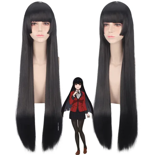Vista 2 de REYHS Peluca de anime Jabami Yumeko Cosplay para jugador compulsivo Kakegurui, peluca larga recta negra, peluca de disfraz de Halloween, fiesta