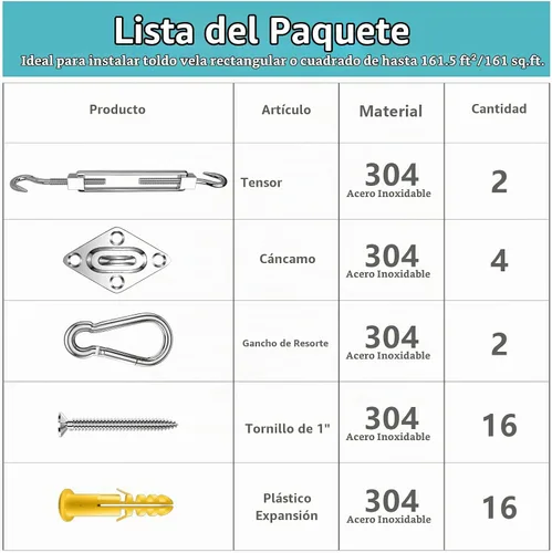 Vista 4 de Kit de accesorios para toldo, 5 pulgadas, súper resistente, acero inoxidable 304 de grado marino, kit de accesorios para instalación de velas