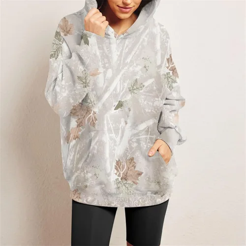 Vista 7 de Jielayou Sudadera de gran tamaño con capucha de camuflaje para mujer, con estampado de hojas de arce, sudadera con capucha de forro polar