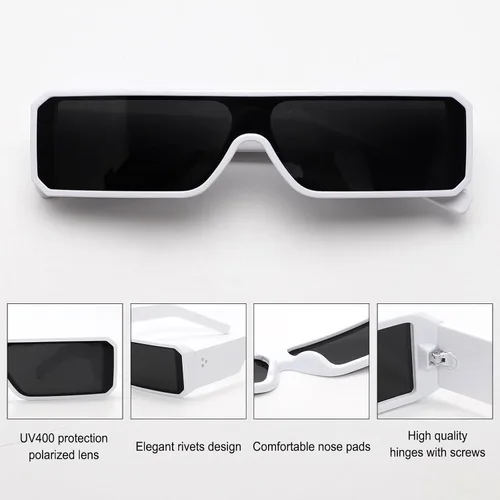 Vista 4 de TYA Gafas de sol pequeñas para mujeres y hombres, futuristas alienígenas, color negro, lentes de sol rectangulares con marco brillante de los años