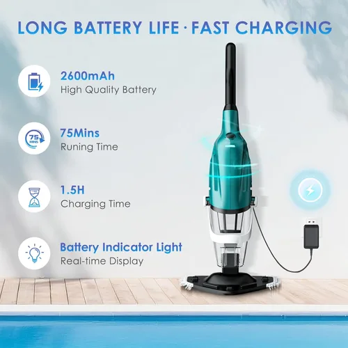 Vista 3 de Aspiradora de piscina para piscina sobre el suelo, limpiador de piscina recargable de mano, tecnología Turbo™, fuerte succión 2700L/H, hasta 75
