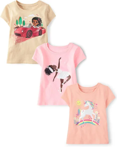 Vista 23 de The Children's Place Camisetas estampadas de manga corta para bebés y niñas pequeñas, con diseño de unicornios y mariposas, a la moda, paquete de 3