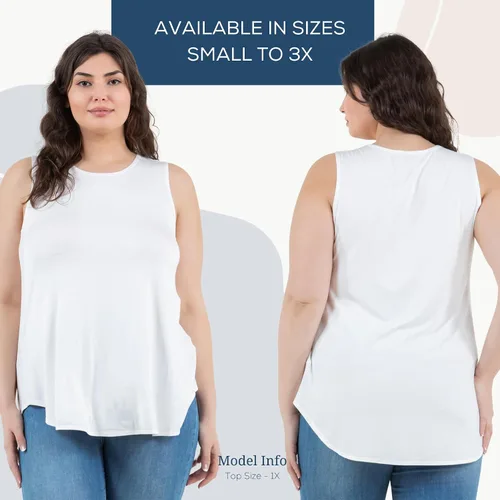 Vista 3 de Azules Camisetas sin mangas para mujer, con vuelo, cuello redondo, elegante, dobladillo curvado, ajuste holgado, Marfil, 1X