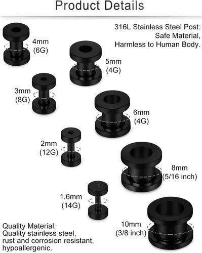 Vista 6 de Cisyozi 14G 12G 8G 6G 4G 2G 0G 00G Kit de estiramiento de calibre de oreja Acero quirúrgico Tamaño Mezcla Tornillo Túnel Calibres Tapones Pendientes
