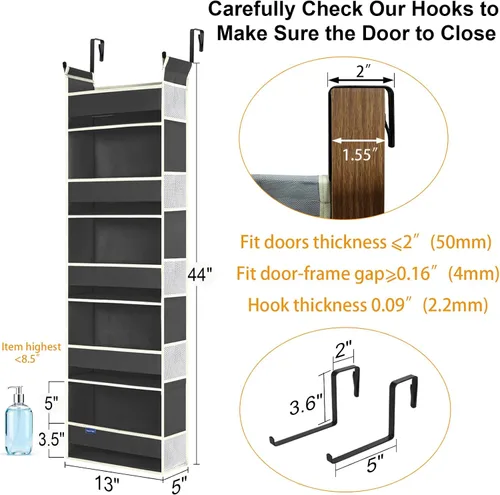 Vista 3 de Organizador para colgar sobre la puerta, 5 estantes y 10 bolsillos laterales, almacenamiento sobre la puerta para baño y dormitorio, organizadores