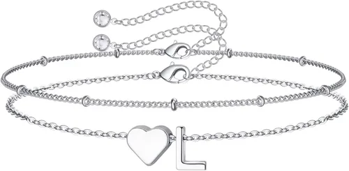 Vista 25 de M MOOHAM Pulseras de oro con inicial de corazón para mujer, pulseras con dije de letra A-Z de corazón dorado en capas para mujer, pulseras