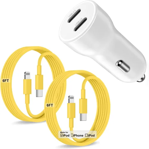 Vista 18 de Cargador de coche para iPhone 17 16 15 de carga rápida, cargador de coche USB C de doble puerto de 40 W con 2 cables USB C de 3 pies, adaptador