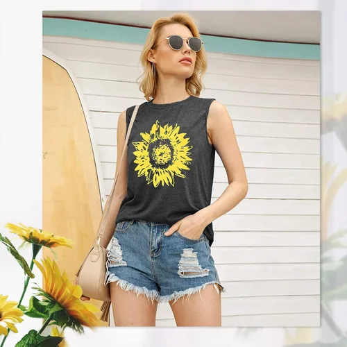 Vista 3 de JINTING - Camisetas sin mangas con estampado de girasoles para mujer de verano, camisetas sin mangas, con estampado y estilo bohemio Gris