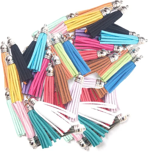 Vista 2 de Vfond 100 borlas de gamuza de cuero de 2.165 in con tapas para hacer joyas, correas de teléfono celular y accesorios de bricolaje