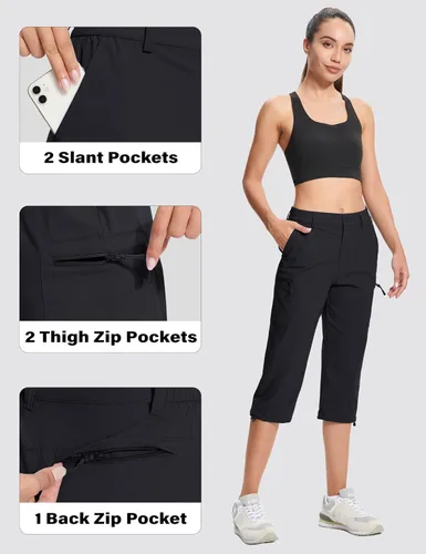 Vista 3 de MAGCOMSEN - Pantalones de senderismo para mujer, tipo capri y cargo, ligeros, elásticos, resistentes al agua, con 5 bolsillos para exterior
