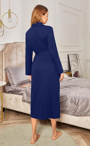 Vista 4 de Ekouaer Batas para mujer de manga larga, kimono de punto, bata de baño, ropa de dormir suave y ligera de algodón para damas Azul